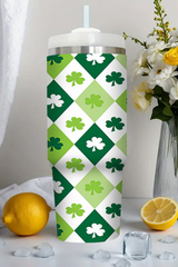 Green Clover Checkered Print Straw Large Tumbler 40oz Tumblers JT's Designer Fashion