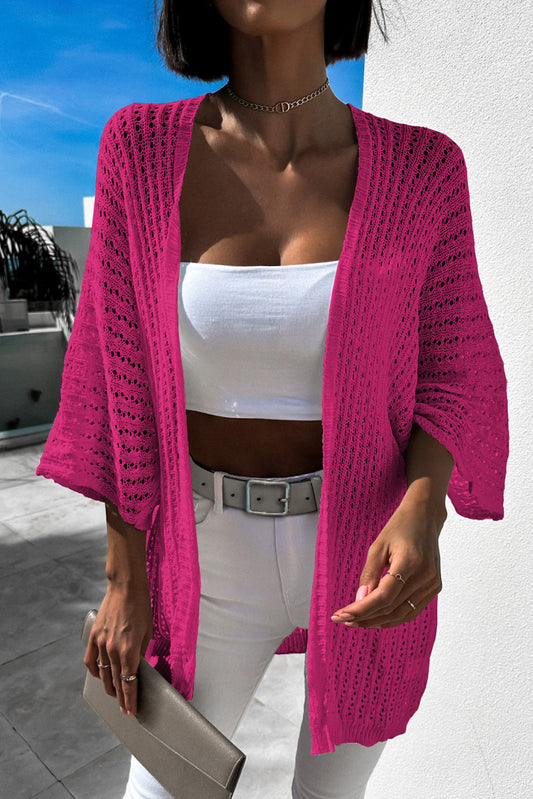 Rose White Hollow-out Knit Kimono Lightweight Cardigan Outerwear JT's Designer Fashion