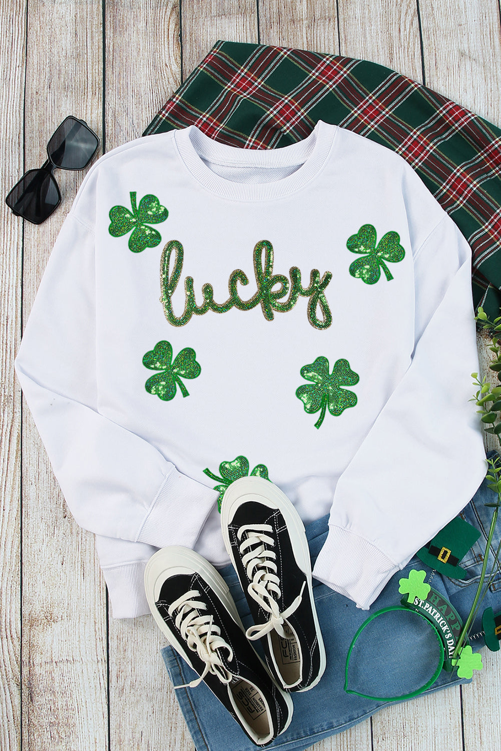 White lucky Clover Sequin Graphic Drop Shoulder Sweatshirt Graphic Sweatshirts JT's Designer Fashion