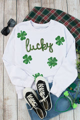 White lucky Clover Sequin Graphic Drop Shoulder Sweatshirt Graphic Sweatshirts JT's Designer Fashion