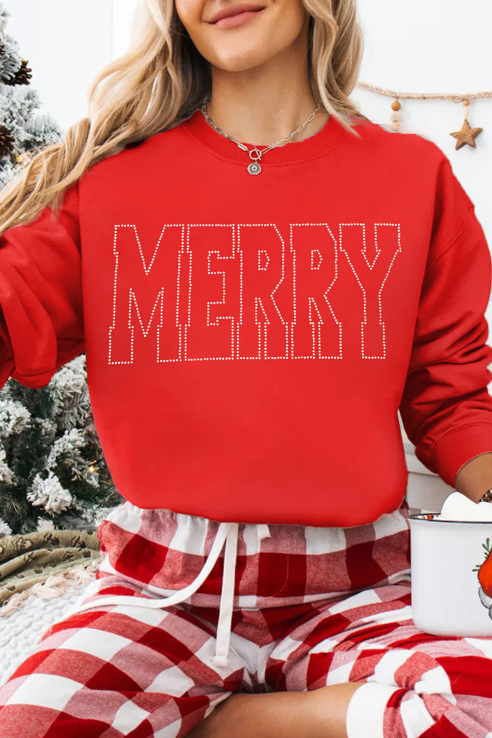 Red Rhinestone MERRY Letter Graphic Christmas Fashion Sweatshirt Red 50%Polyester+50%Cotton Graphic Sweatshirts JT's Designer Fashion