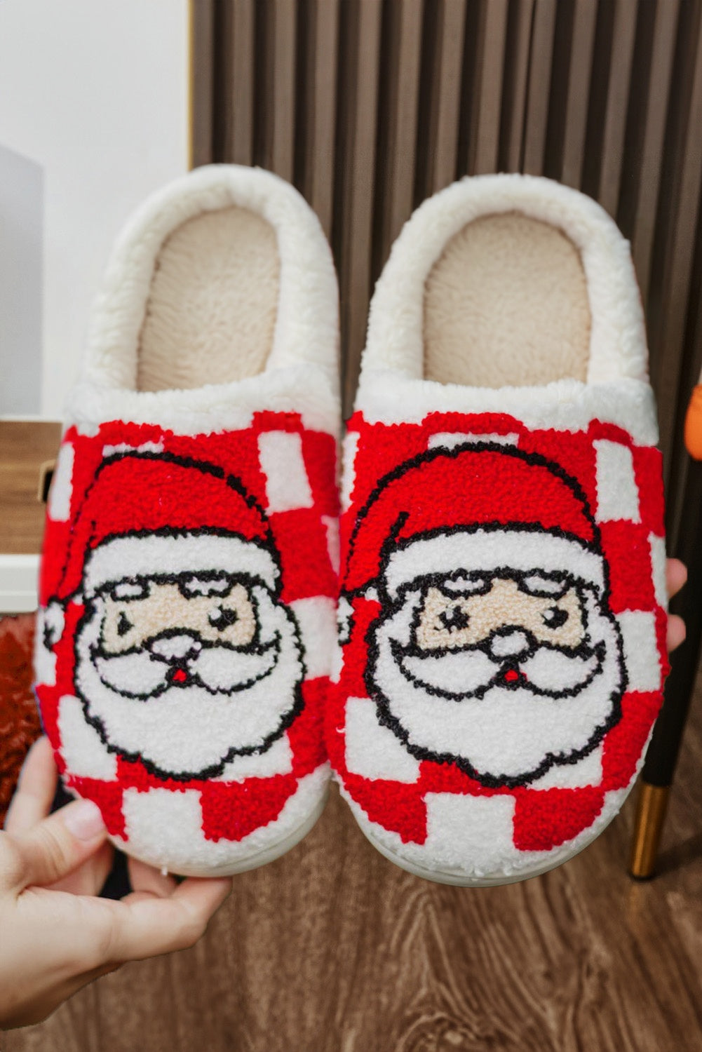 Fiery Red Checkered Santa Claus Graphic Plush Home Slippers Slippers JT's Designer Fashion