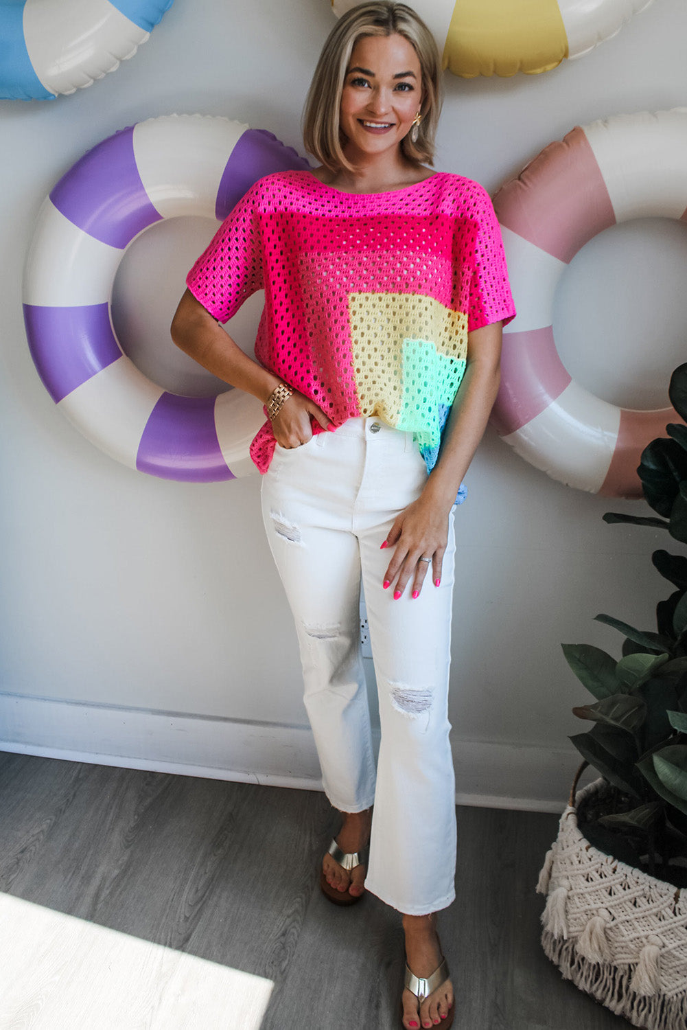 Pink Geometric Color Block Hollowed Crochet Sweater T Shirt Pre Order Sweaters & Cardigans JT's Designer Fashion