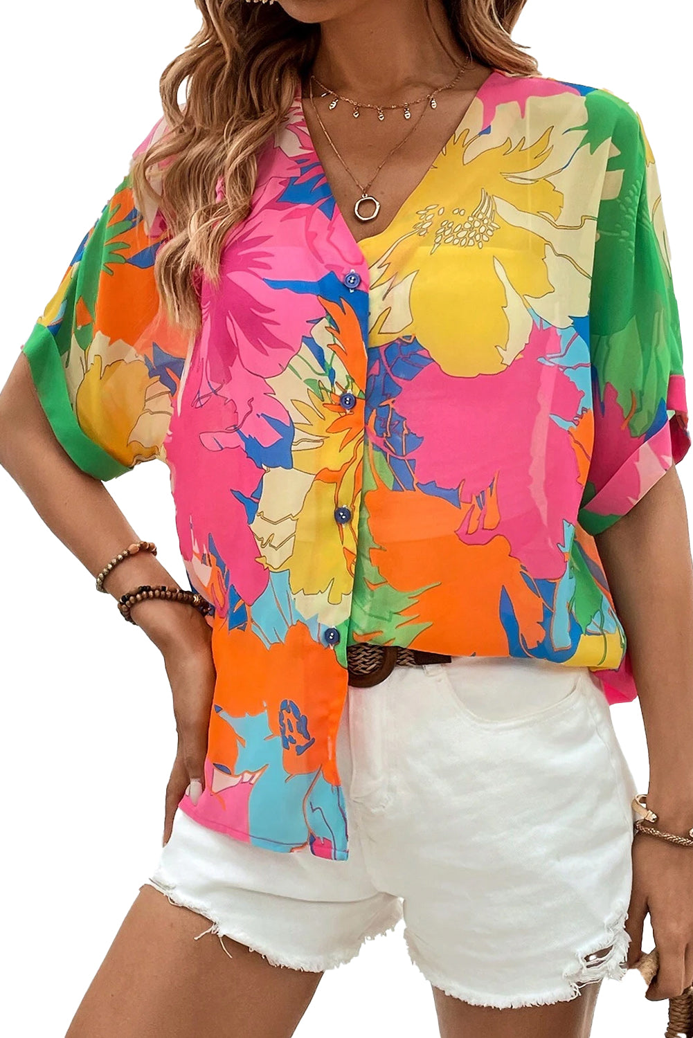 Multicolour Floral Print Folded Short Sleeve Shirt Blouses & Shirts JT's Designer Fashion