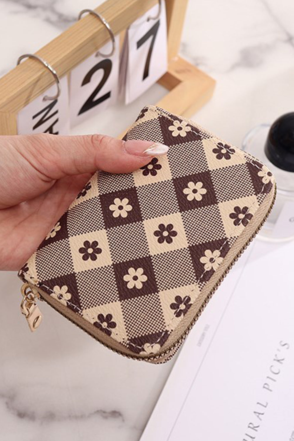 Khaki Flower Checkered PU Leather Wallet Handbags JT's Designer Fashion