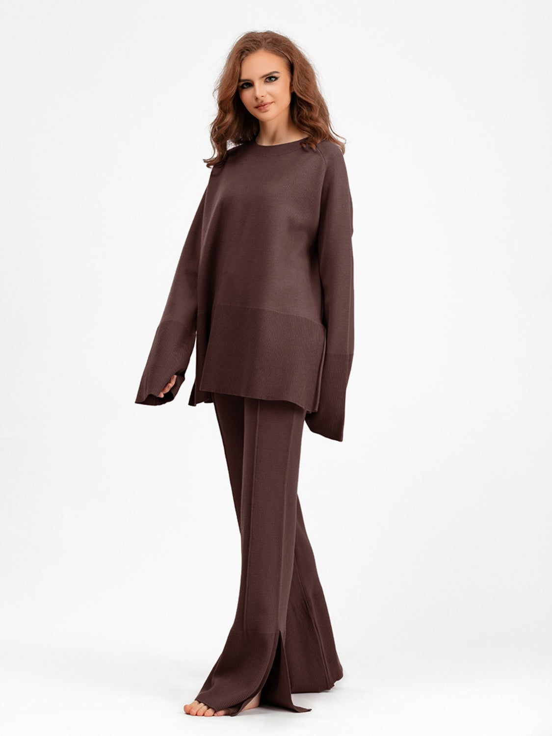 Slit Round Neck Long Sleeve Top and Drawstring Pants Sweater Set Pants Sets JT's Designer Fashion