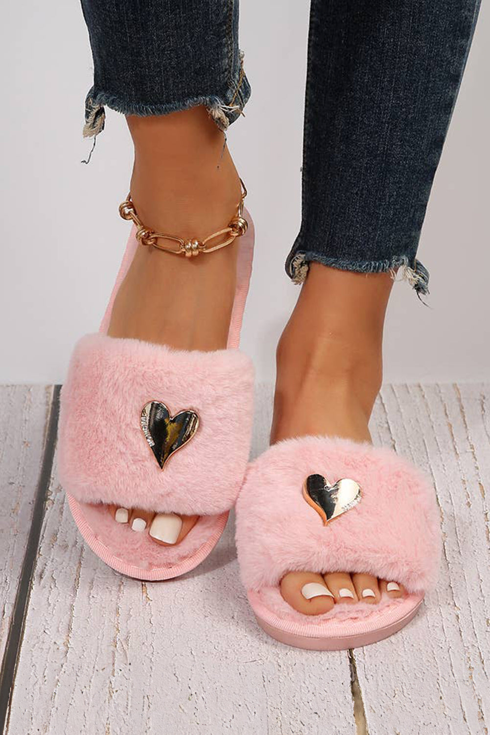 Pink Heart Shape Buckle Decor Open Toe Plush Slippers Slippers JT's Designer Fashion