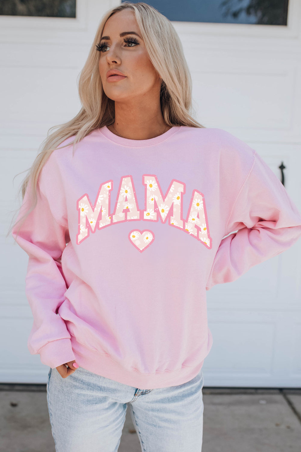 Pink Mama Letter Print Daisy Shading Sweatshirt Graphic Sweatshirts JT's Designer Fashion