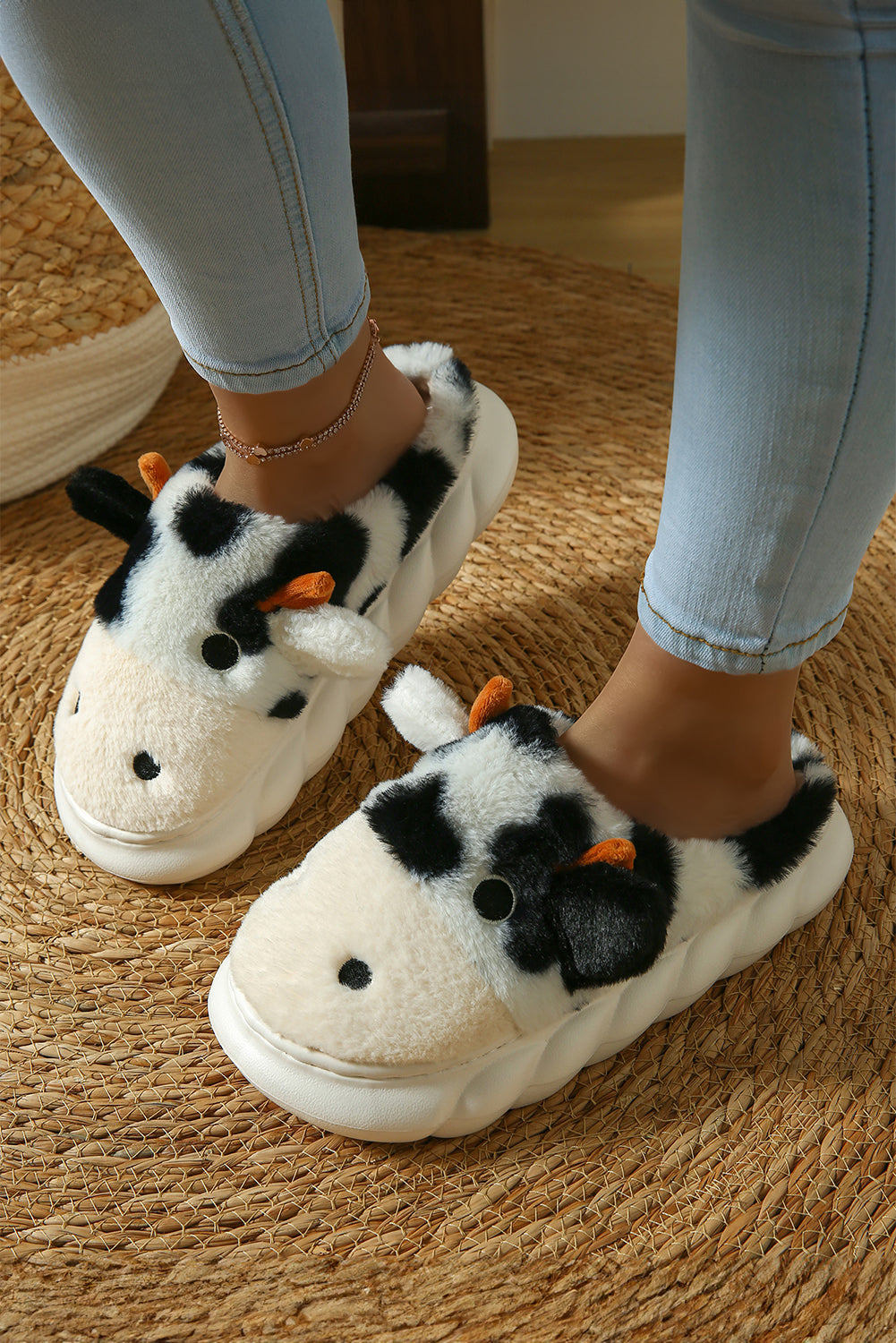 White Cute Cow Thick Sole Plush Thermal Home Slippers Slippers JT's Designer Fashion