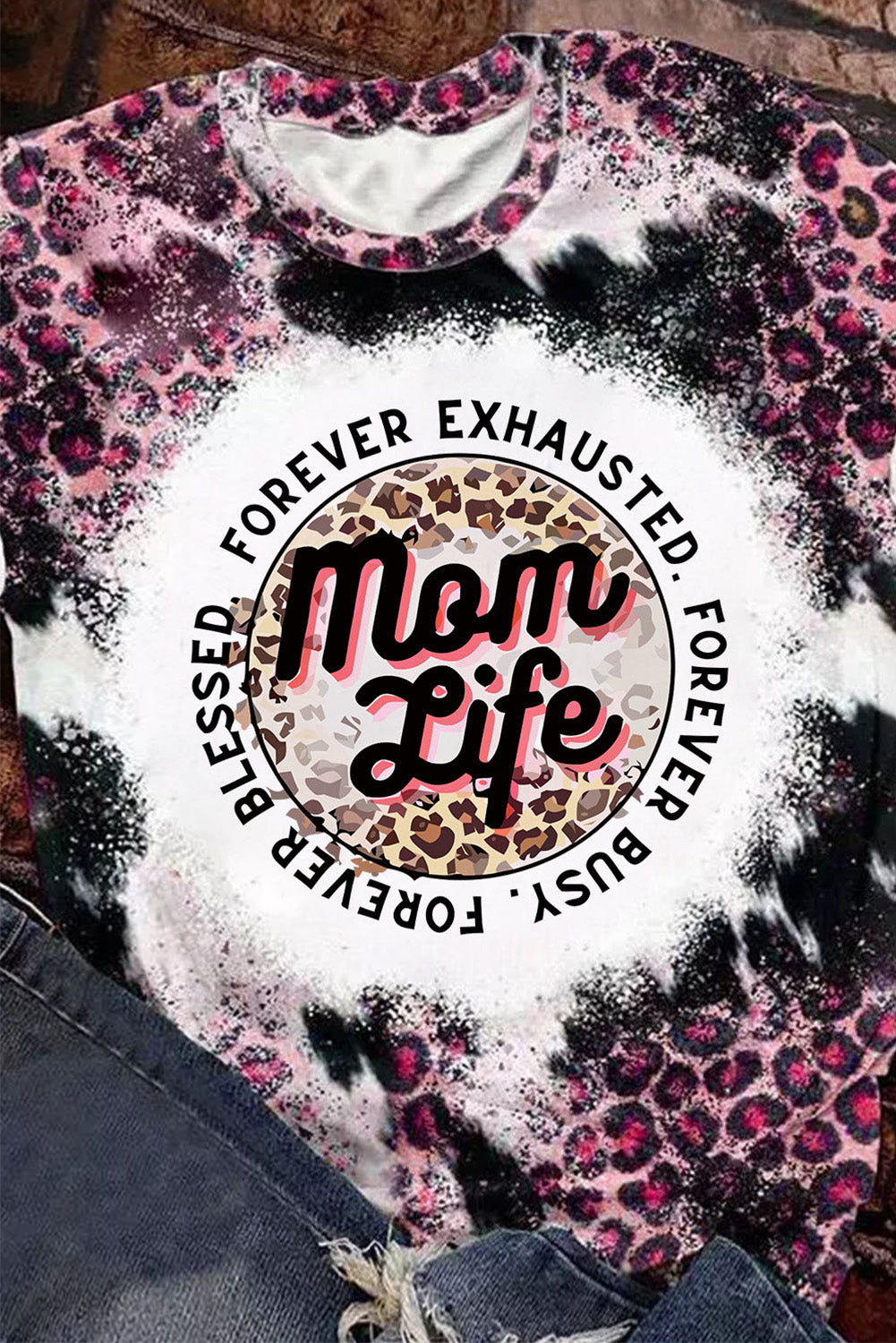 Pink Mom Life Slogan Leopard Bleached Graphic Tee Pink 95%Polyester+5%Elastane Graphic Tees JT's Designer Fashion