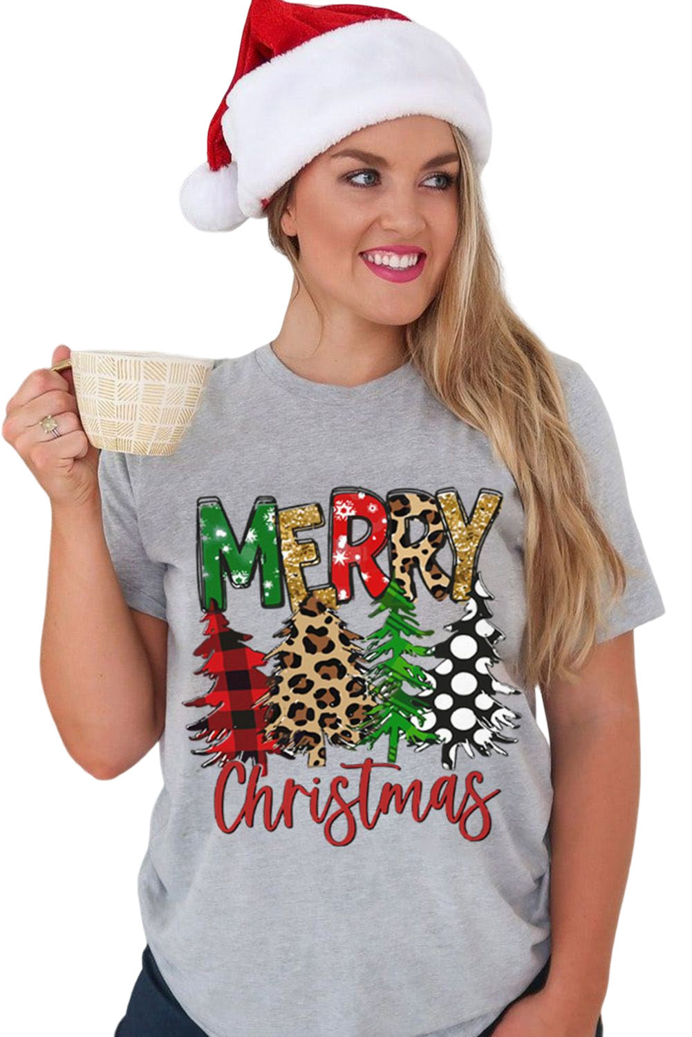 Gray Merry Christmas Tree Pattern Print Crew Neck Graphic Tee Graphic Tees JT's Designer Fashion