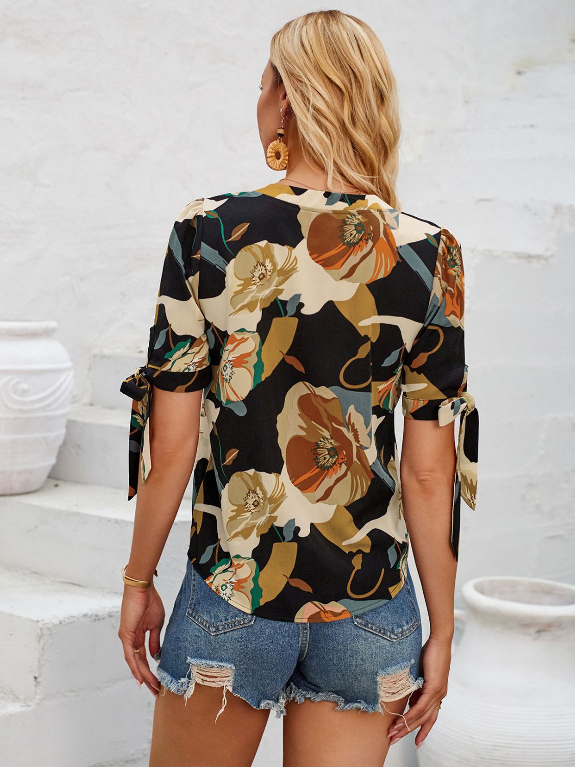 Tied Printed Notched Short Sleeve Blouse Blouses & Shirts JT's Designer Fashion