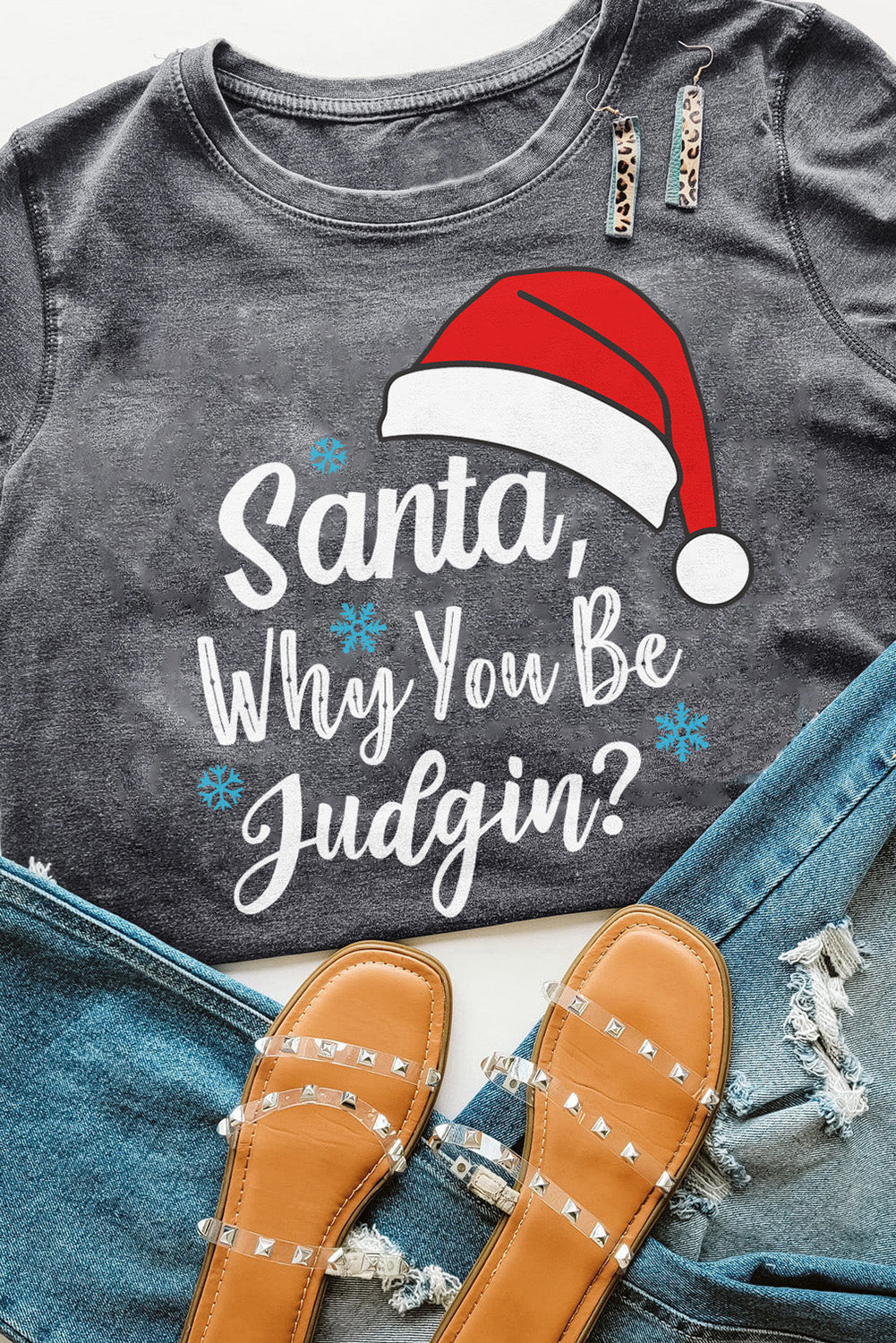 Gray Christmas Santa Hat Snowflake Slogan Graphic Tee Graphic Tees JT's Designer Fashion