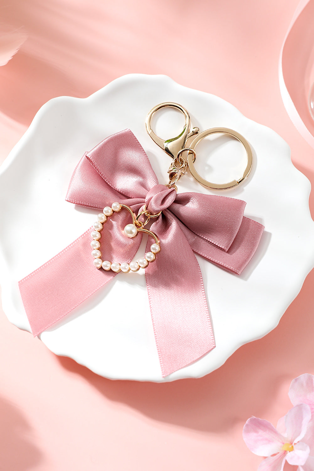 Pink Pearl Heart Large Bow Knot Keychain Jewelry JT's Designer Fashion