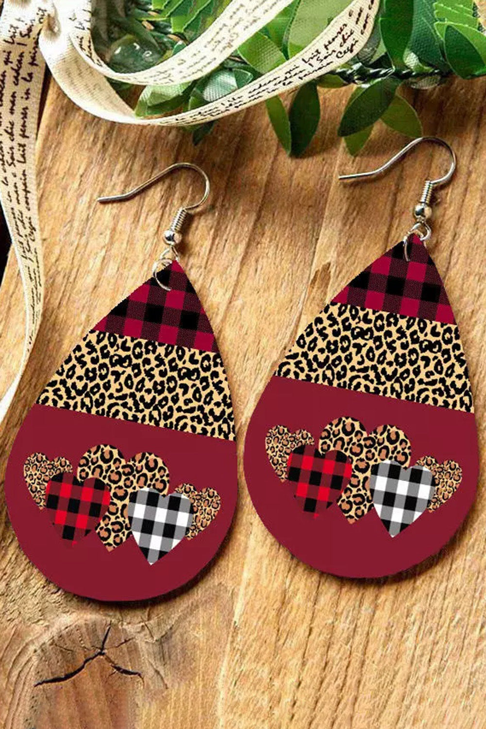 Fiery Red Plaid Leopard Print Waterdrop Dangle Earrings Jewelry JT's Designer Fashion