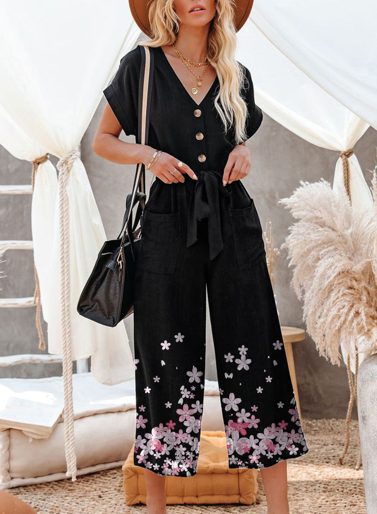 Black Floral Print Buttoned Lace-up Belted Wide Leg Jumpsuit Jumpsuits & Rompers JT's Designer Fashion