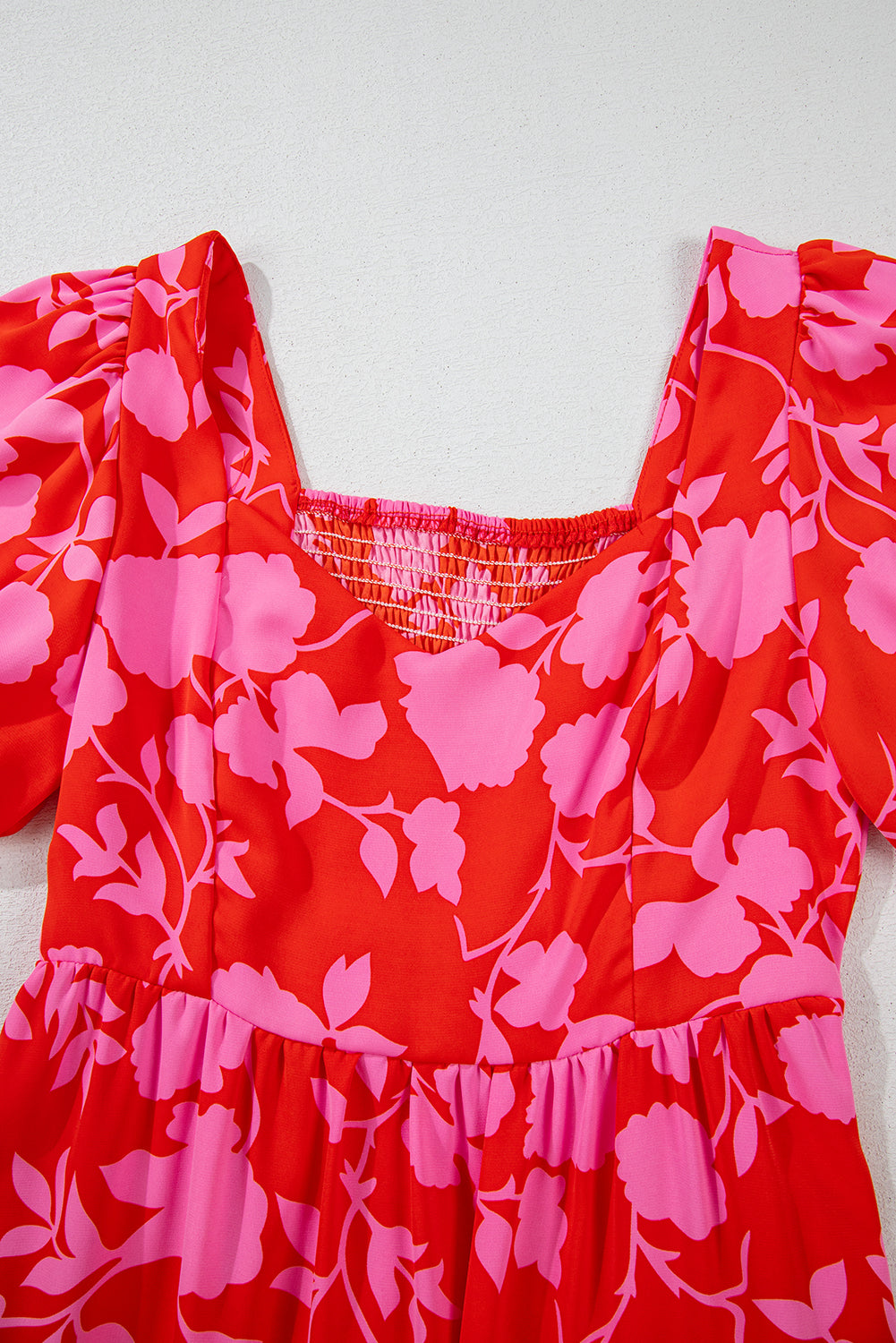 Red Floral Bubble Sleeve Sweetheart Neck Ruffled Mini Dress Floral Dresses JT's Designer Fashion