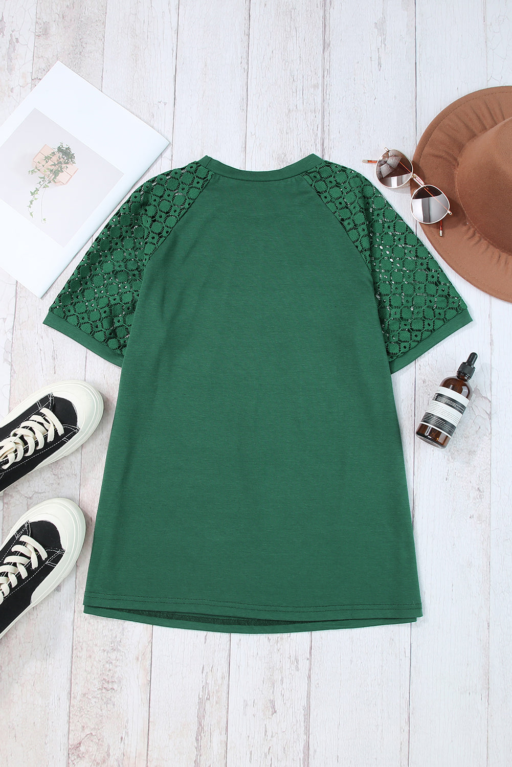 Blackish Green Seamed Detail Contrast Lace Raglan Sleeve Tee Pre Order Tops JT's Designer Fashion