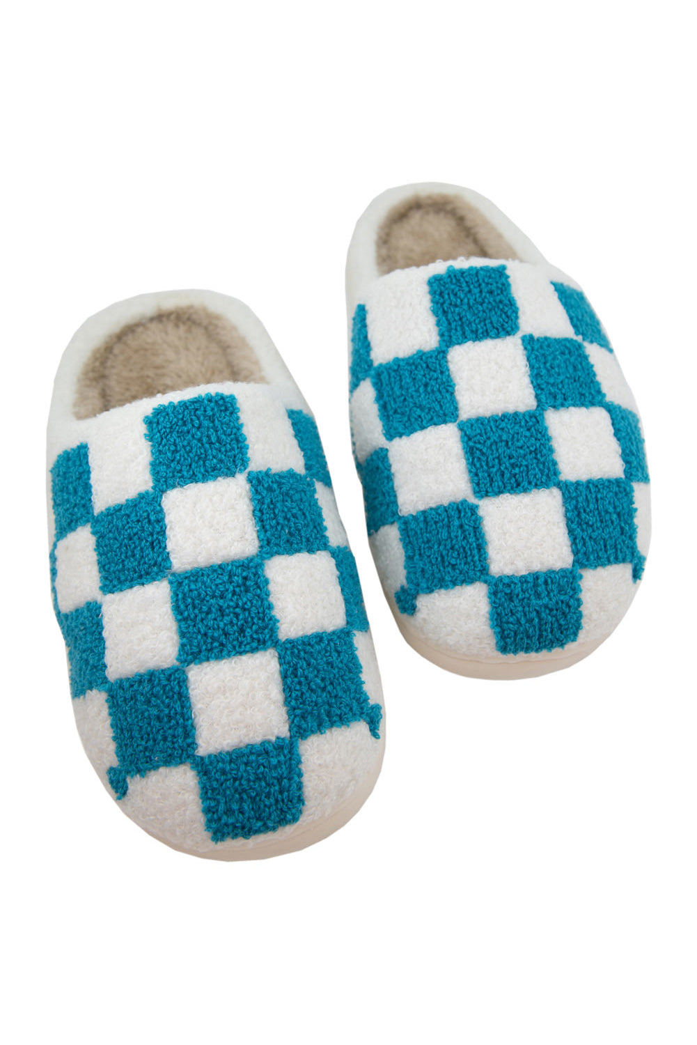 Light Blue Checkered Round Toe Plush Slippers Slippers JT's Designer Fashion