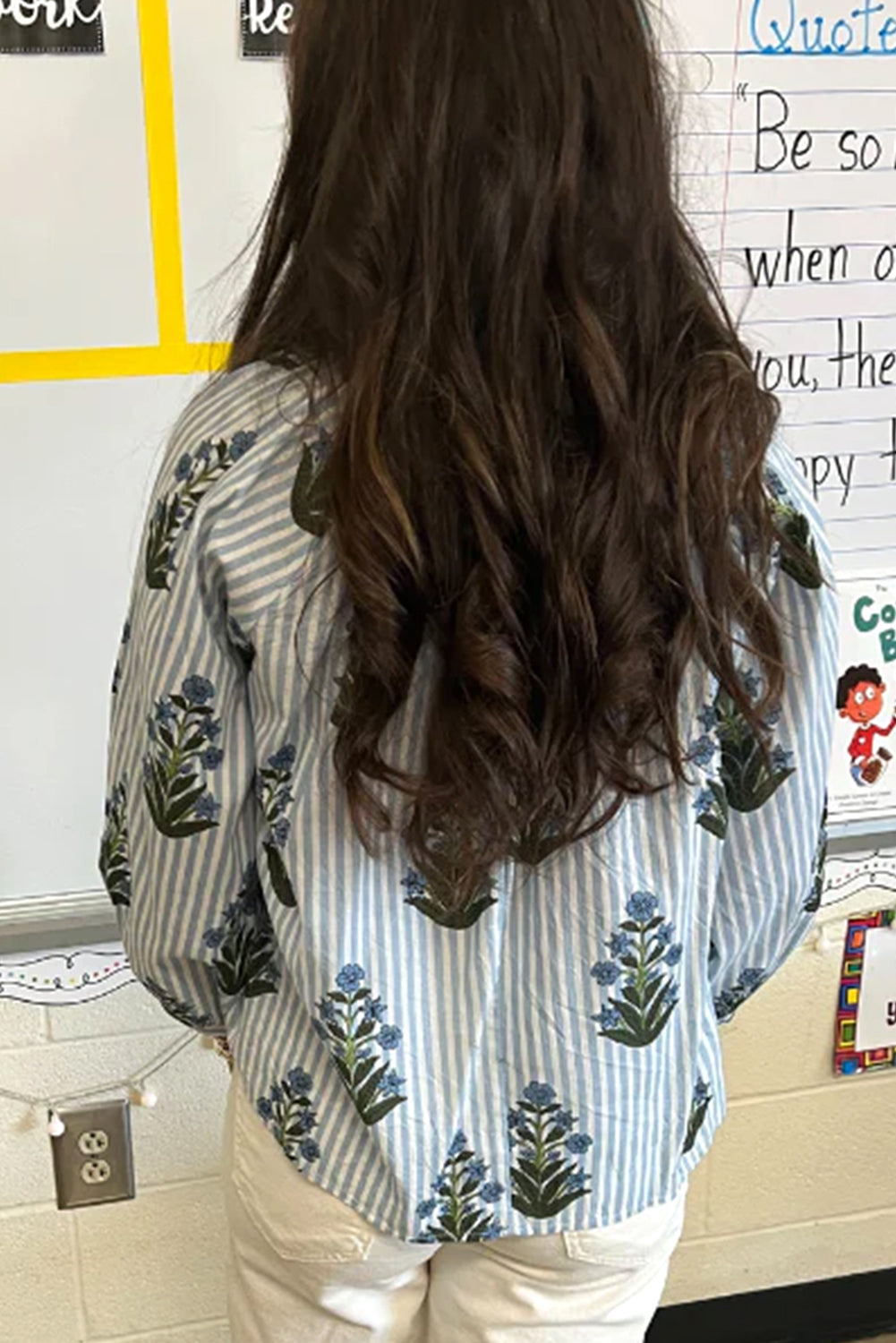 Beau Blue Striped Floral Printed Long Sleeve Tied V Neck Blouse Blouses & Shirts JT's Designer Fashion