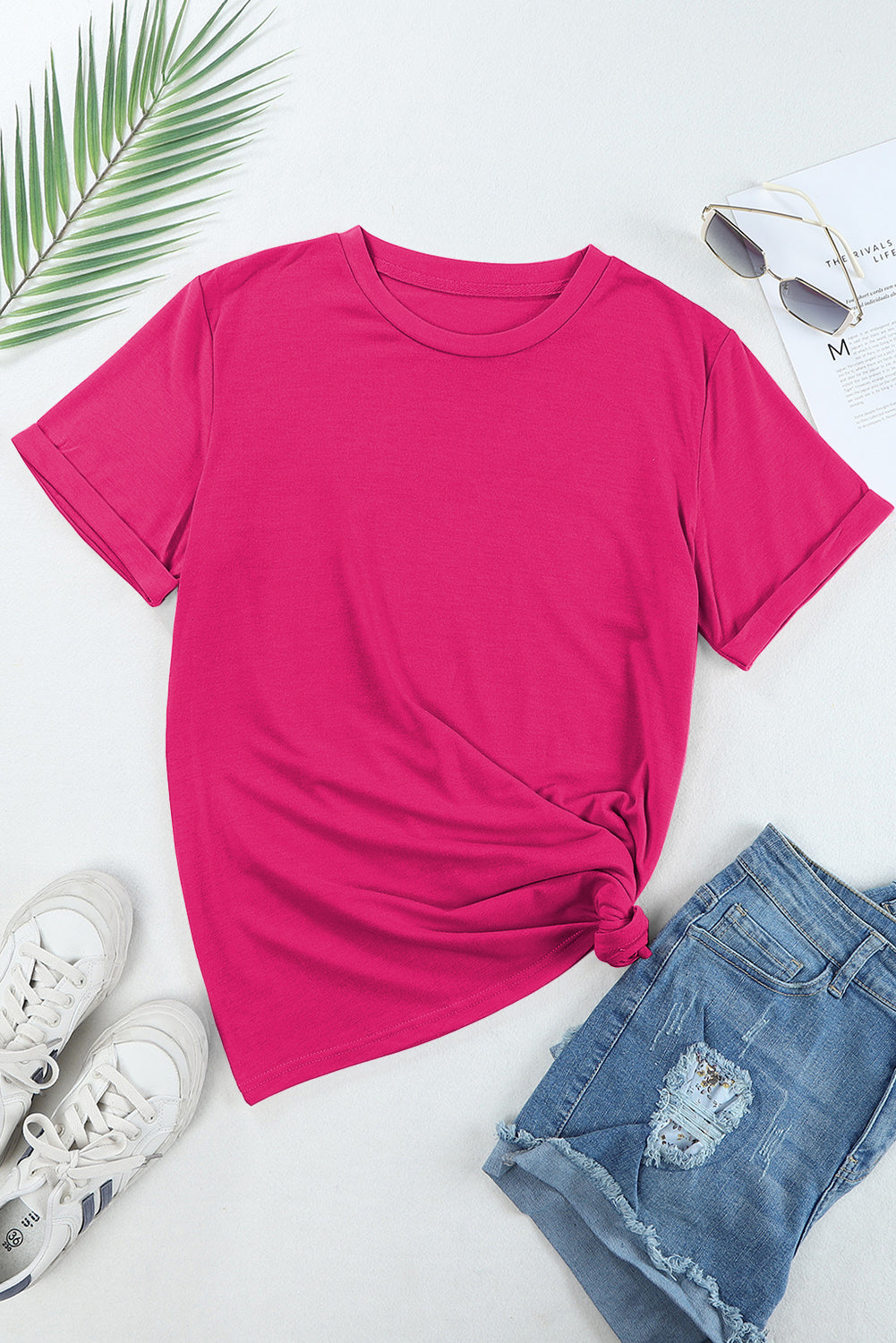 Rose Red Casual Plain Crew Neck Tee Tops & Tees JT's Designer Fashion