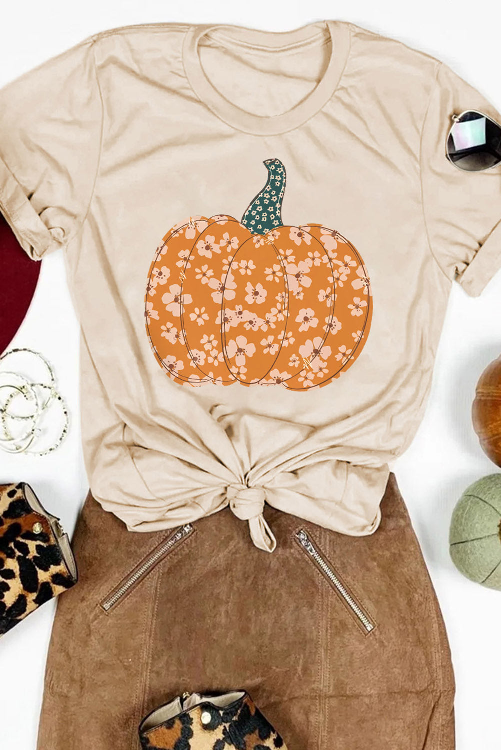 Khaki Sweet Floral Pumpkin Graphic Tee Graphic Tees JT's Designer Fashion