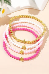 Gold Cross Beaded Multi Layered Elastic Bracelet Set Jewelry JT's Designer Fashion