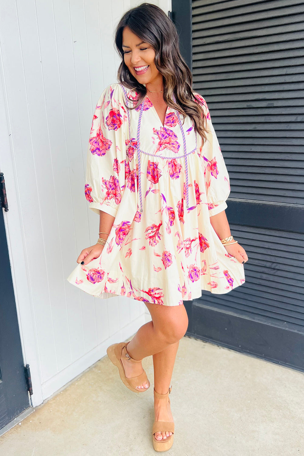 Pink Floral Print Balloon Sleeve V Neck Babydoll Mini Dress Floral Dresses JT's Designer Fashion