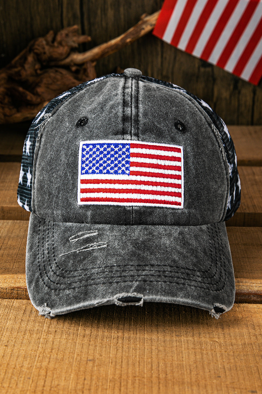 Black Star Print Mesh American Flag Embroidered Baseball Cap Hats & Caps JT's Designer Fashion