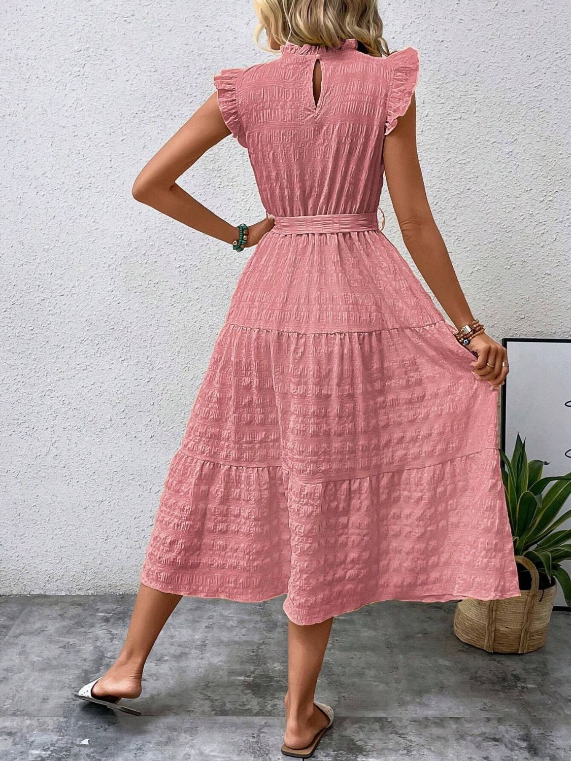 Tied Ruffled Cap Sleeve Midi Dress Midi Dresses JT's Designer Fashion