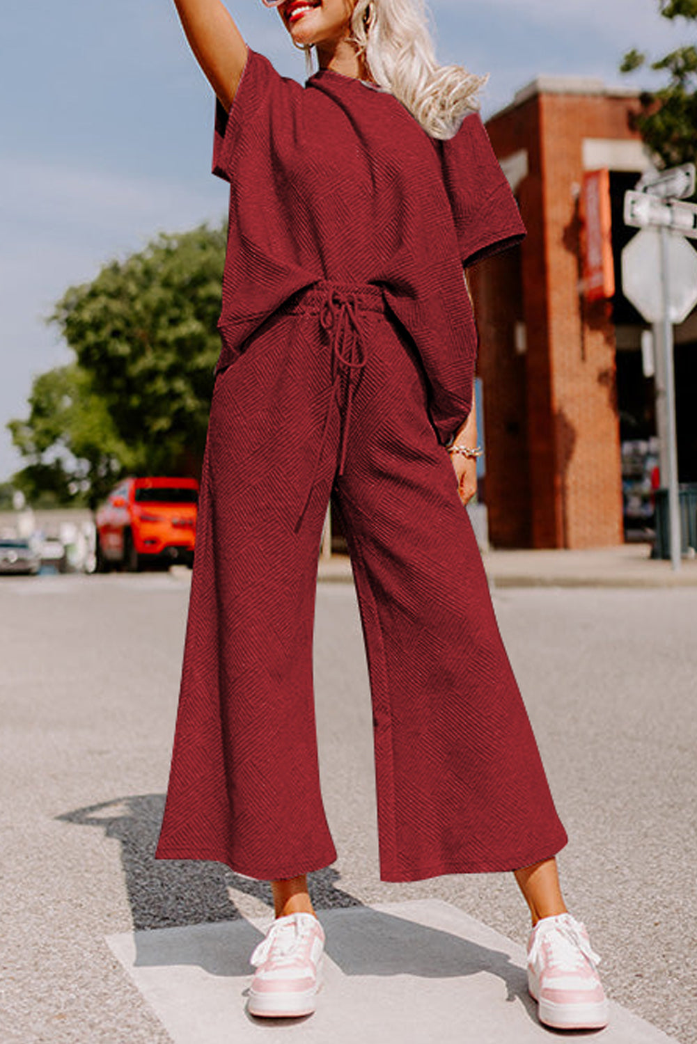 Red Dahlia Textured Loose Fit T Shirt and Drawstring Pants Set Pant Sets JT's Designer Fashion