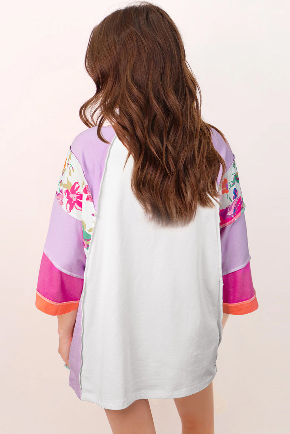 Sachet Pink Floral Color Block Patchwork 3/4 Sleeve Casual Blouse Blouses & Shirts JT's Designer Fashion