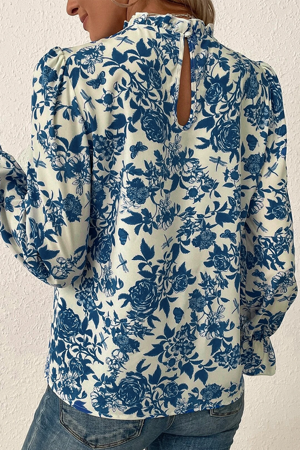 Sky Blue Floral Print Flounce Sleeve Keyhole Back Blouse Blouses & Shirts JT's Designer Fashion