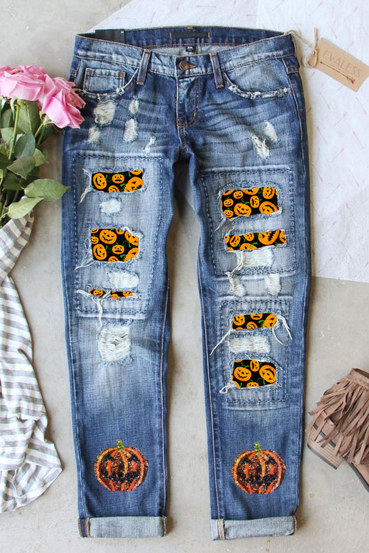 Sky Blue Halloween Pumpkin Patchwork Distressed Straight Leg Jeans Graphic Pants JT's Designer Fashion