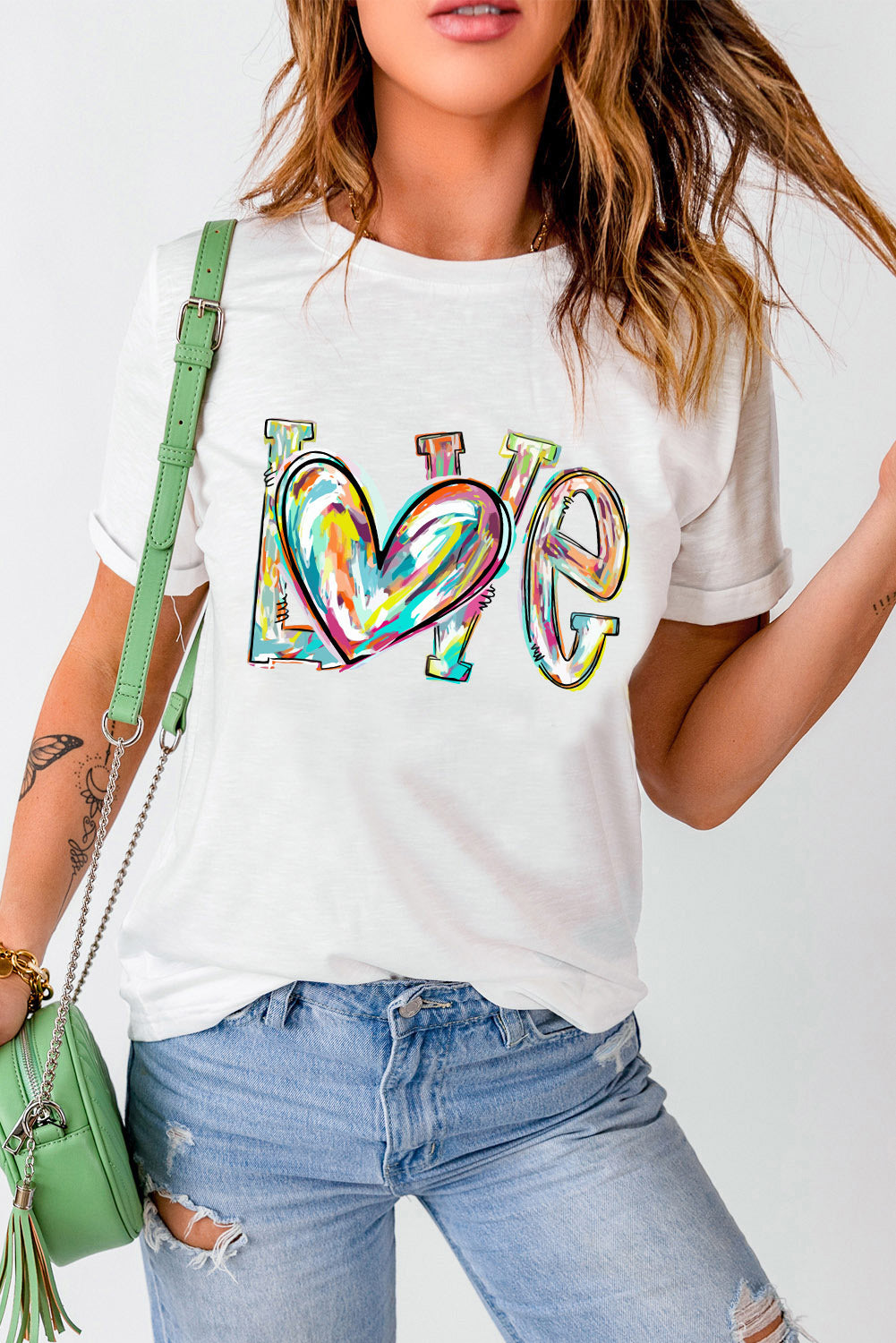 White Love Heart Shape Graffiti Round Neck T Shirt Graphic Tees JT's Designer Fashion