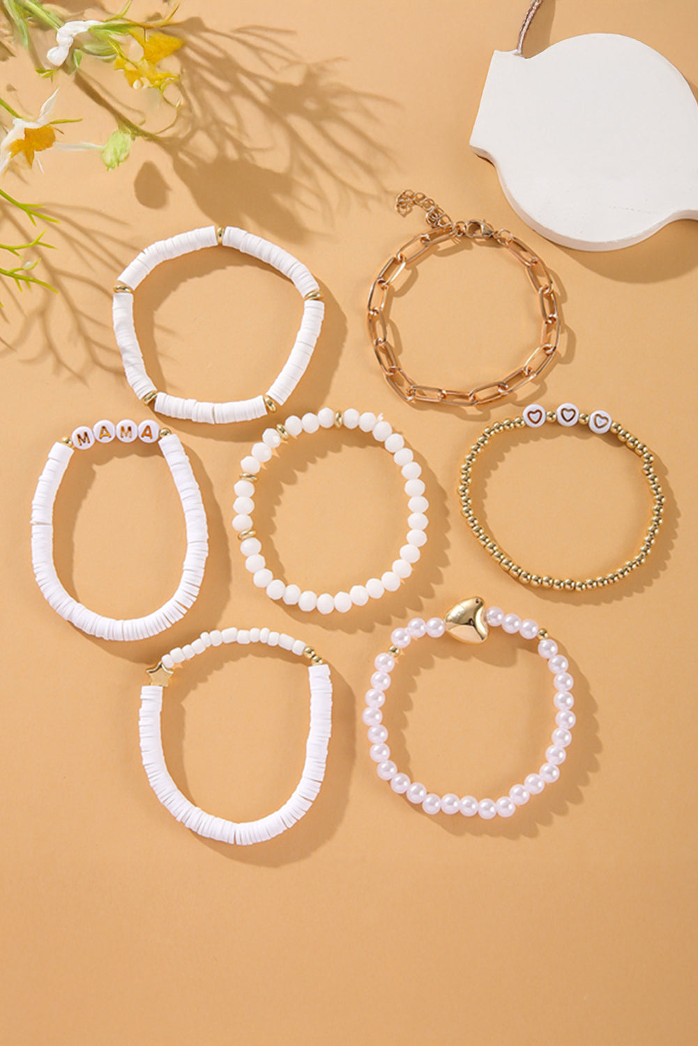 White MAMA Heart Pearl Beaded Chain Multi Layer Bracelet Jewelry JT's Designer Fashion