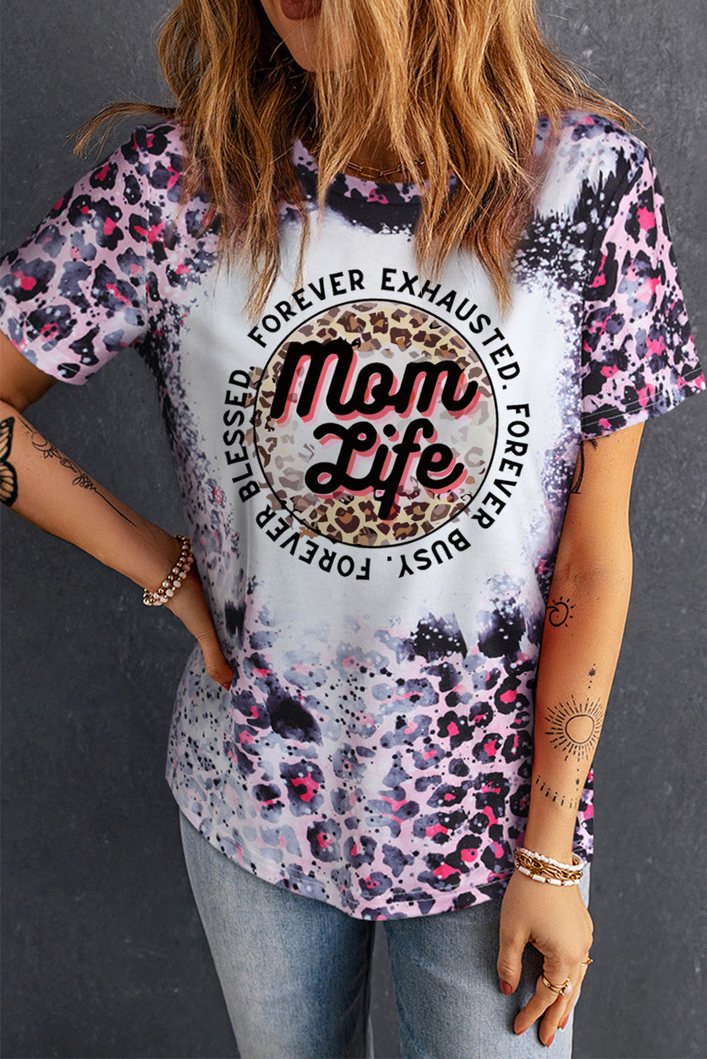 Pink Mom Life Slogan Leopard Bleached Graphic Tee Graphic Tees JT's Designer Fashion