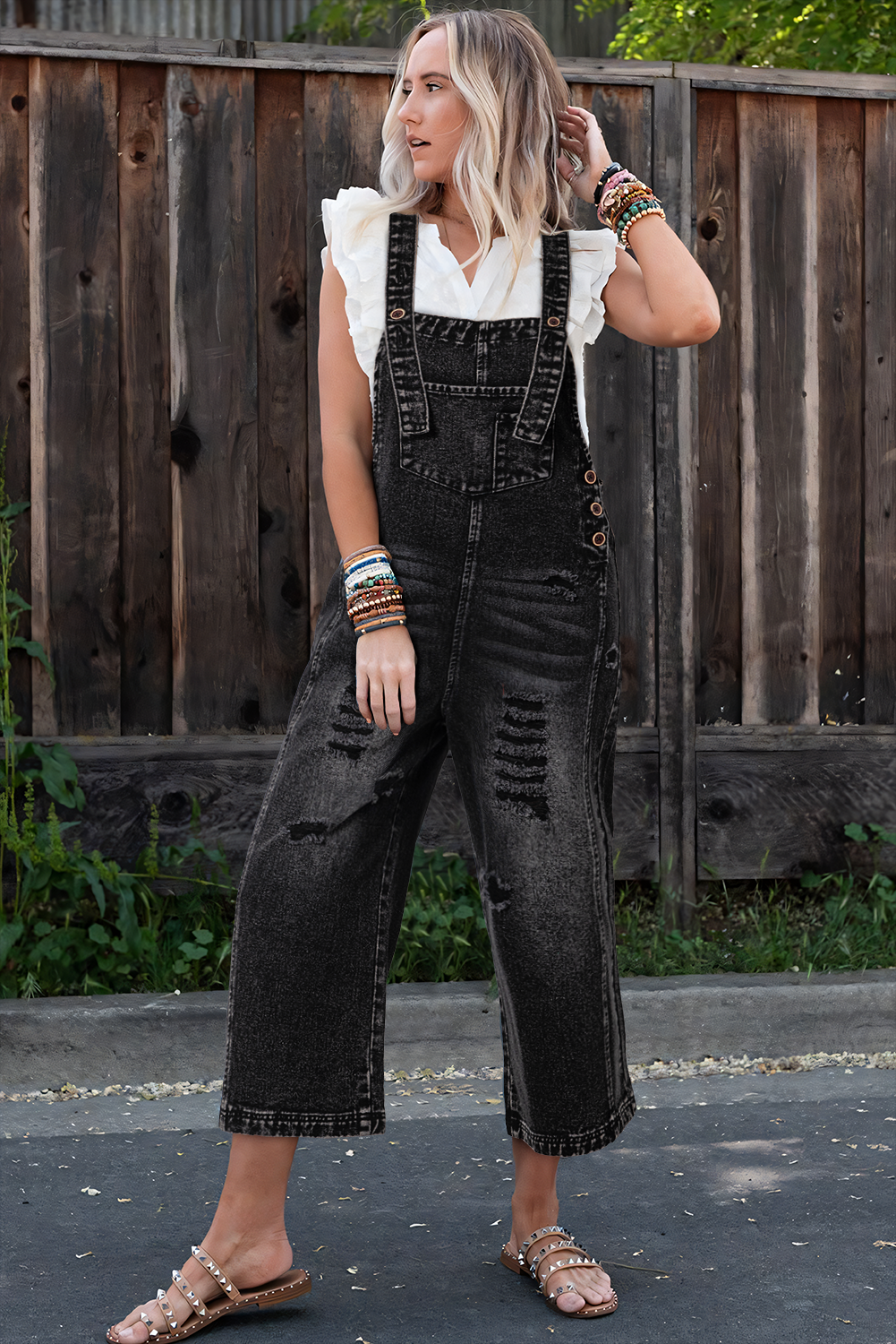 Black Distressed Bib Pocket Wide Leg Denim Overall Jumpsuits & Rompers JT's Designer Fashion