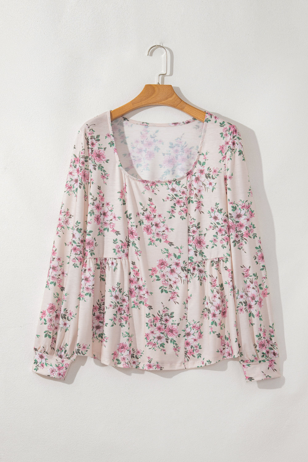 Pink Floral Print Pleated U Neck Loose Fit Blouse Blouses & Shirts JT's Designer Fashion