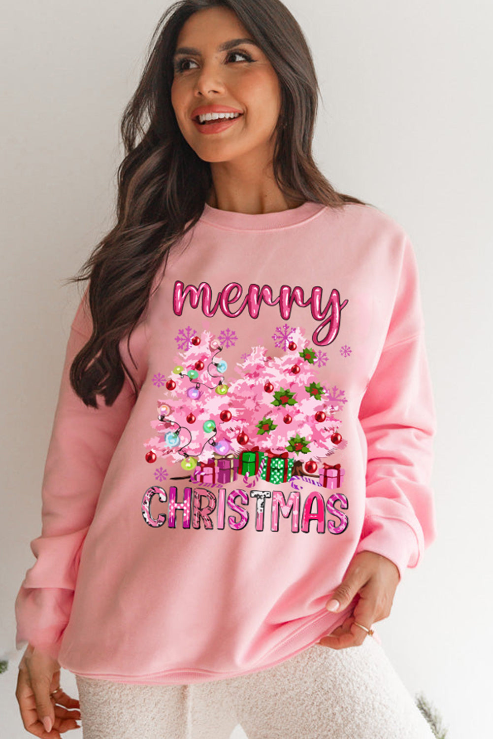 Pink Merry Christmas Graphic Crew Neck Pullover Sweatshirt Graphic Sweatshirts JT's Designer Fashion