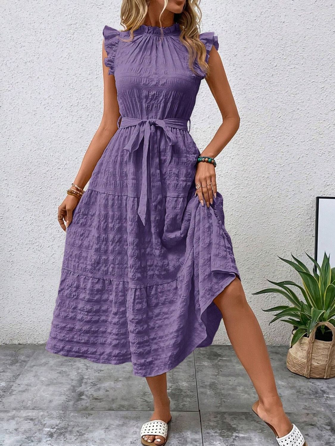 Tied Ruffled Cap Sleeve Midi Dress Midi Dresses JT's Designer Fashion