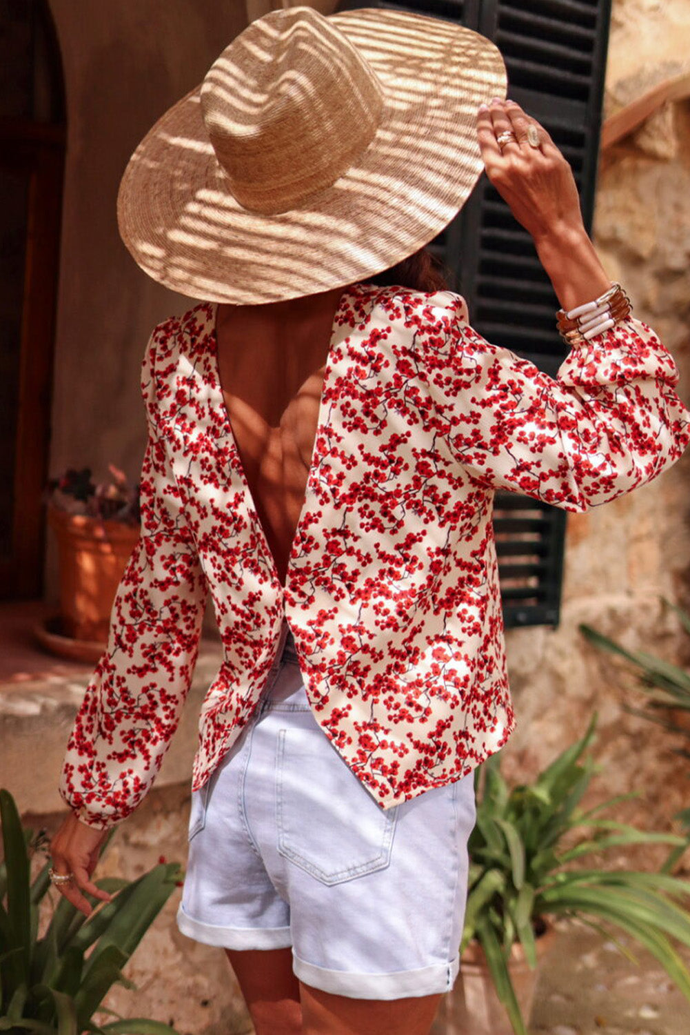 Red Floral Print Long Sleeve Open Back Blouse Blouses & Shirts JT's Designer Fashion