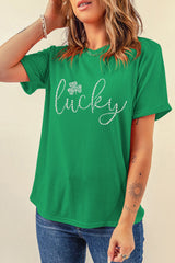Bright Green Ceramic Rhinestone Lucky Clover Graphic Tee Graphic Tees JT's Designer Fashion