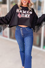 Black GAME DAY Rugby Sequined Tasseled Cropped Sweatshirt Sweatshirts & Hoodies JT's Designer Fashion