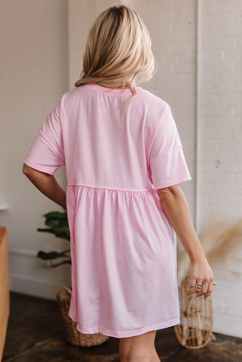Light Pink Solid Color Pocketed Raw Edge Babydoll Dress Mini Dresses JT's Designer Fashion