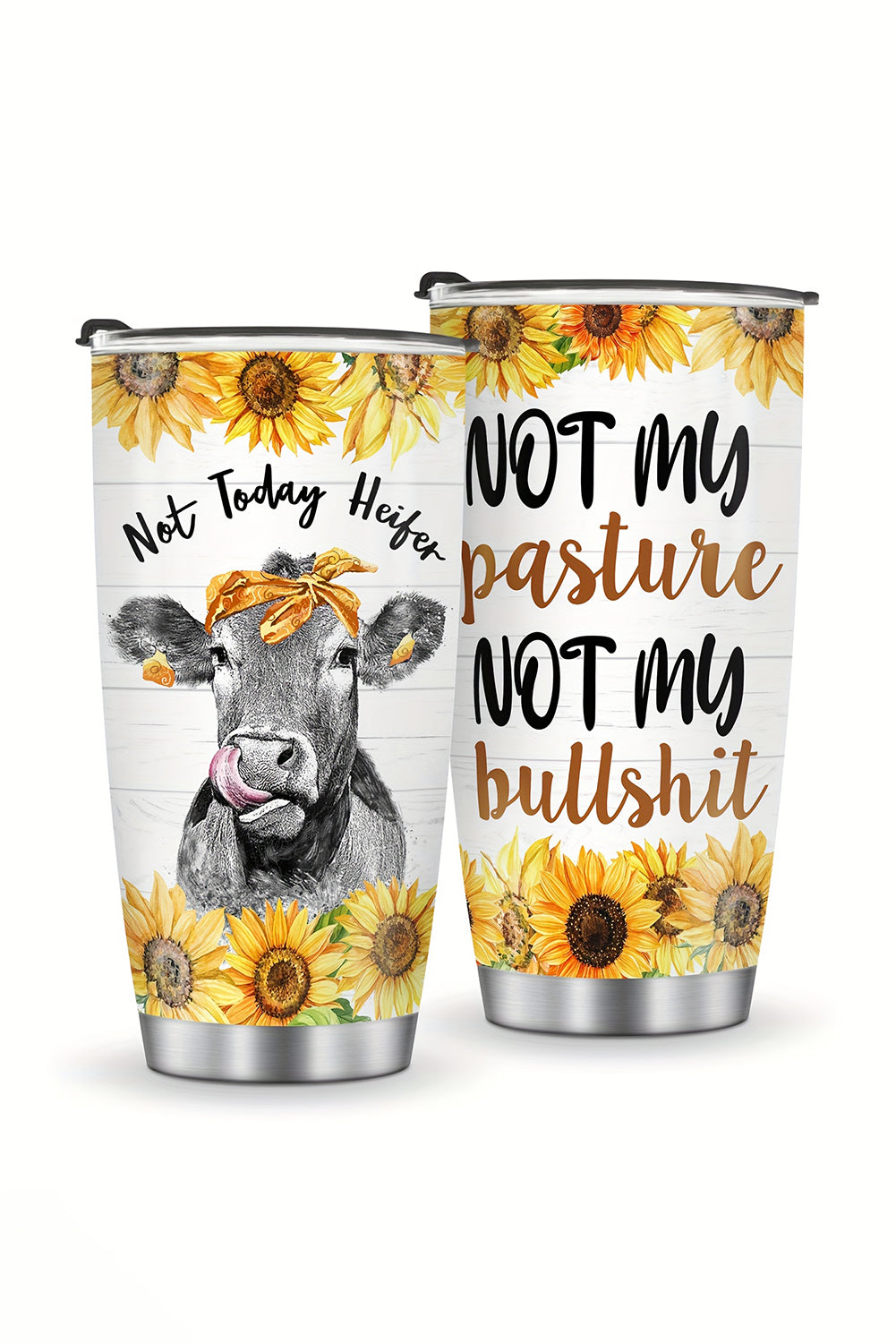 Yellow Cow Sunflower Slogan Print Stainless Steel Tumbler 20OZ Tumblers JT's Designer Fashion