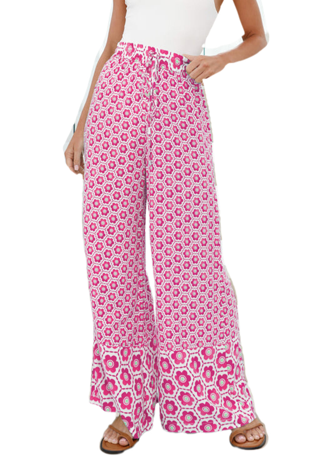 Pink Boho Geometric Print Drawstring High Waist Flared Pants Bottoms JT's Designer Fashion