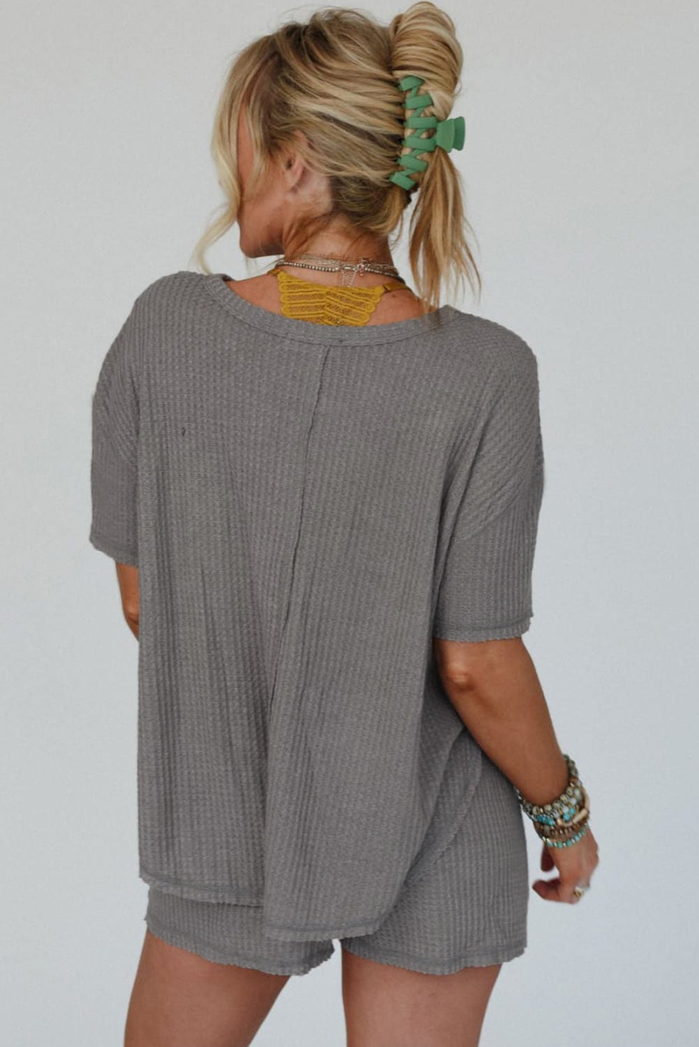 Gray Solid Color Waffle Knit T Shirt and Shorts Set Short Sets JT's Designer Fashion