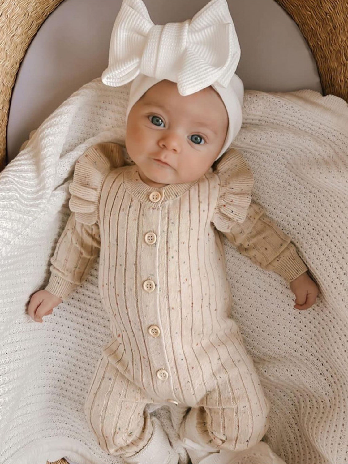 Ruffled Button Up Long Sleeve Jumpsuit Beige Baby JT's Designer Fashion