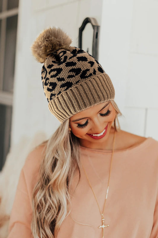 Khaki Leopard Print Pom Knit Hat Hats & Caps JT's Designer Fashion